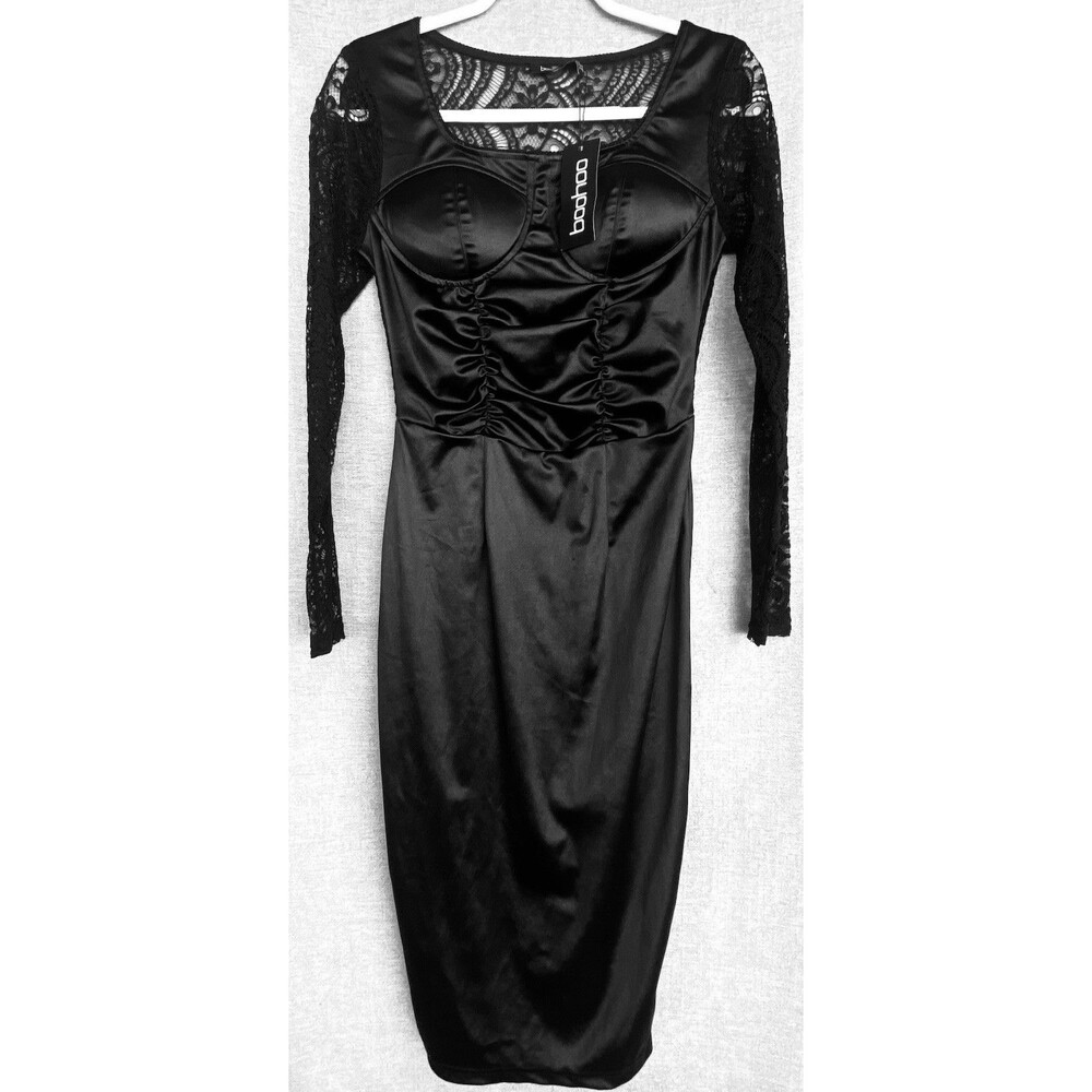 Black Gothic Satin Lace Midi Dress 8 Corset Bustier Long Sleeve Halloween Witch
